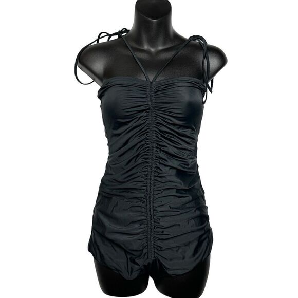 NEW HAH black ruched retro tie halter neck romper one piece swimsuit size medium - Picture 1 of 8